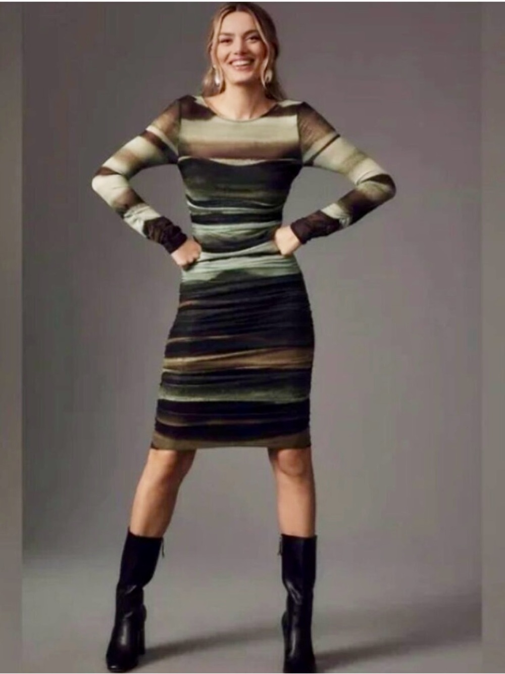 Anthropologie Green Multi-Colored Mesh Long-Sleeve Bodycon Dress
